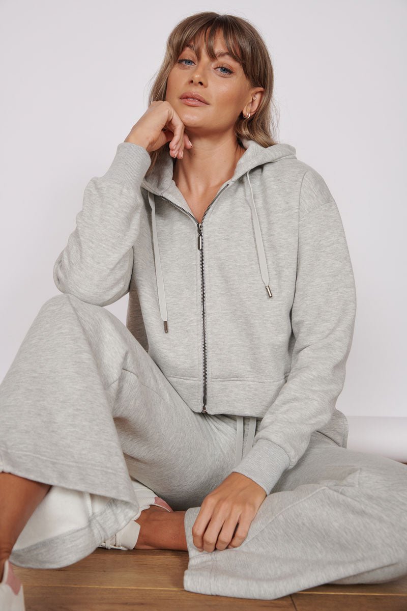 Rosa Light Gray Zip Through Cropped Hoodie